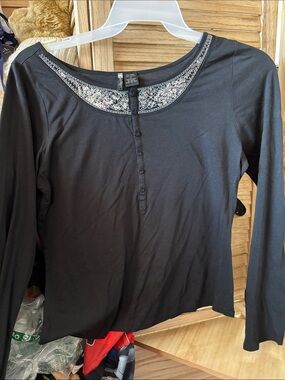Passport Black Long Sleeve Henley Top with Decorative Scoop Neck XL
